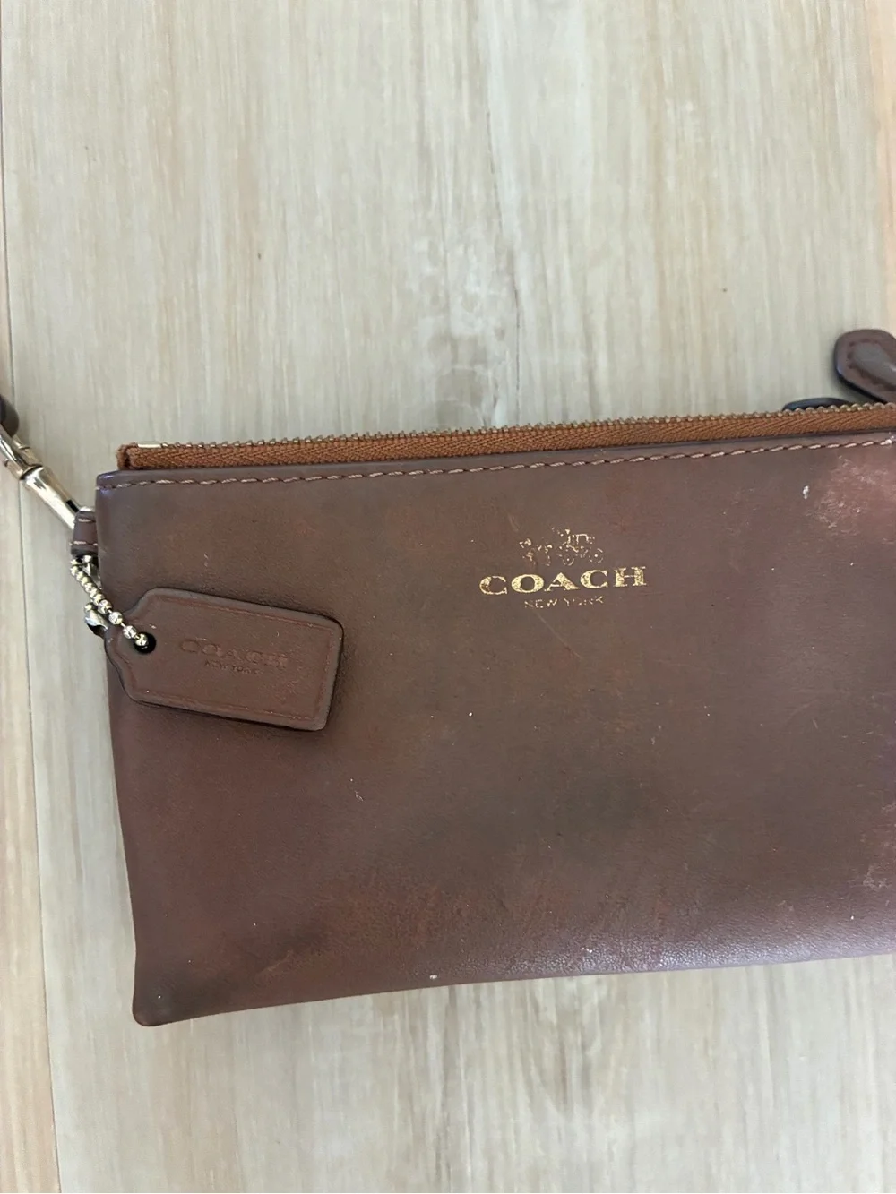 Coach Brown Leather Wristlet Clutch with Gold Logo